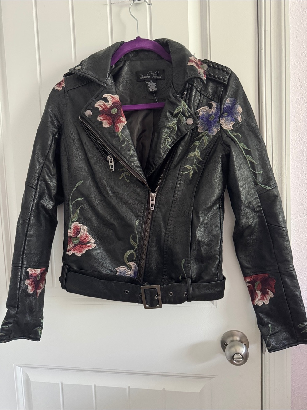 Brandon Thomas Black Faux Leather Floral Embroidered Moto Jacket